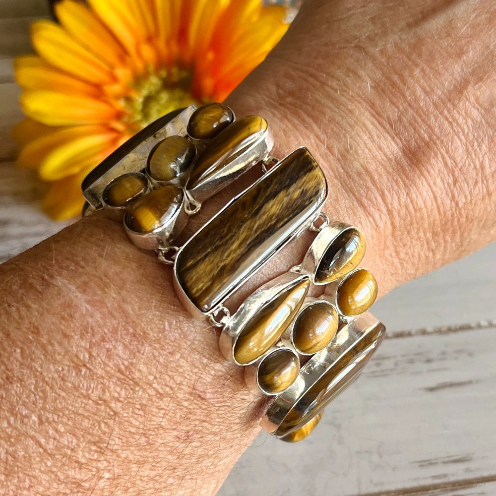 Tiger Eye Bracelet Handmade Gemstone Crystal 925 Silver Large Adjustable Ethnic - Picture 7 of 12